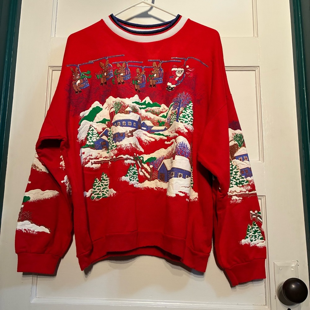 Women’s Red Holiday Graphic Sweatshirt with Winter Village Motif
